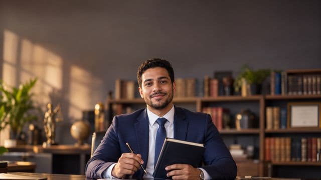 Advogado sorrindo, com terno azul-marinho e camisa branca, segurando um livro de capa lisa e uma caneta, em um escritório de advocacia elegante com estantes de livros