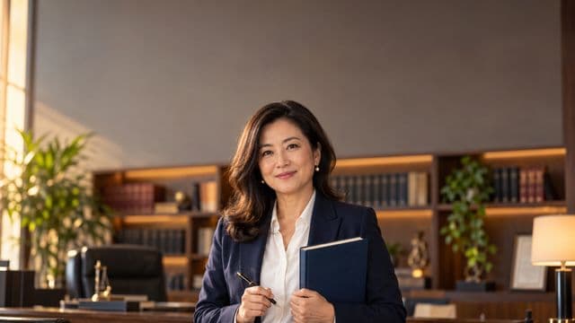 Advogada sorrindo, com terno azul-marinho e camisa branca, segurando um livro de capa lisa e uma caneta, em um escritório de advocacia elegante com estantes de livros