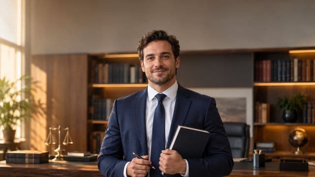 Advogado sorrindo, com terno azul-marinho e camisa branca, segurando um livro de capa lisa e uma caneta, em um escritório de advocacia elegante com estantes de livros