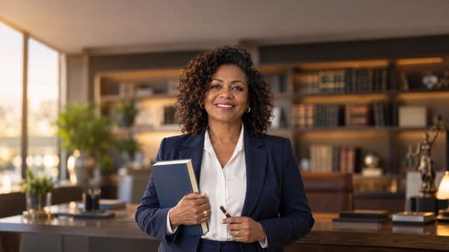 Advogada sorrindo, com terno azul-marinho e camisa branca, segurando um livro de capa lisa e uma caneta, em um escritório de advocacia elegante com estantes de livros
