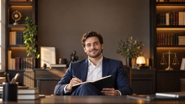 Advogado sorrindo, com terno azul-marinho e camisa branca, segurando um livro de capa lisa e uma caneta, em um escritório de advocacia elegante com estantes de livros