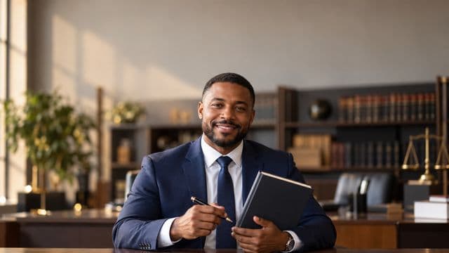Advogado sorrindo, com terno azul-marinho e camisa branca, segurando um livro de capa lisa e uma caneta, em um escritório de advocacia elegante com estantes de livros
