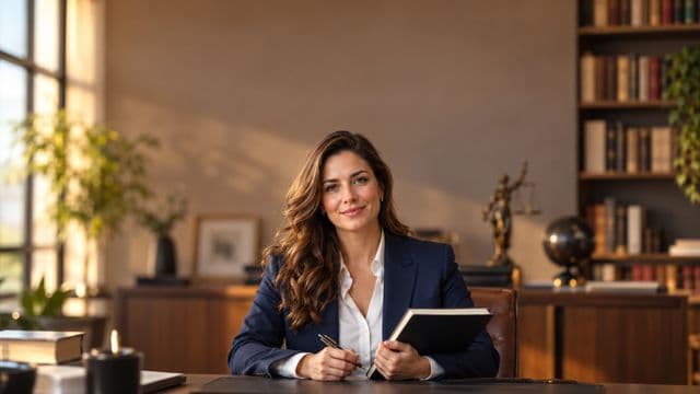 Advogada sorrindo, com terno azul-marinho e camisa branca, segurando um livro de capa lisa e uma caneta, em um escritório de advocacia elegante com estantes de livros