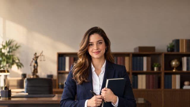 Advogada sorrindo, com terno azul-marinho e camisa branca, segurando um livro de capa lisa e uma caneta, em um escritório de advocacia elegante com estantes de livros