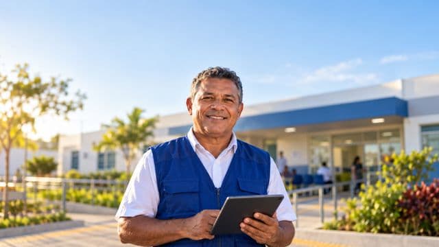 Agente de saúde pública sorrindo, com colete azul de equipe de saúde sobre camisa branca, segurando um tablet, em uma unidade básica de saúde moderna