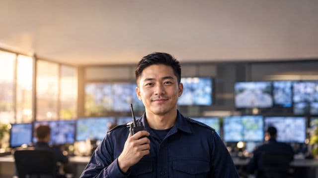 Profissional de segurança pública sorrindo, com farda azul-escura sem brasões, segurando um rádio comunicador, em uma central de monitoramento com telas