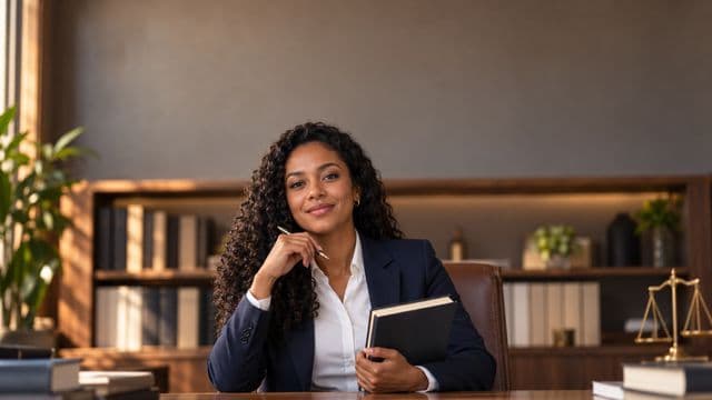 Advogada sorrindo, com terno azul-marinho e camisa branca, segurando um livro de capa lisa e uma caneta, em um escritório de advocacia elegante com estantes de livros