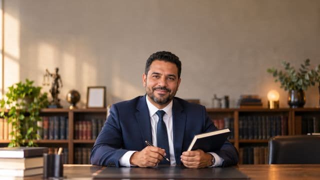 Advogado sorrindo, com terno azul-marinho e camisa branca, segurando um livro de capa lisa e uma caneta, em um escritório de advocacia elegante com estantes de livros