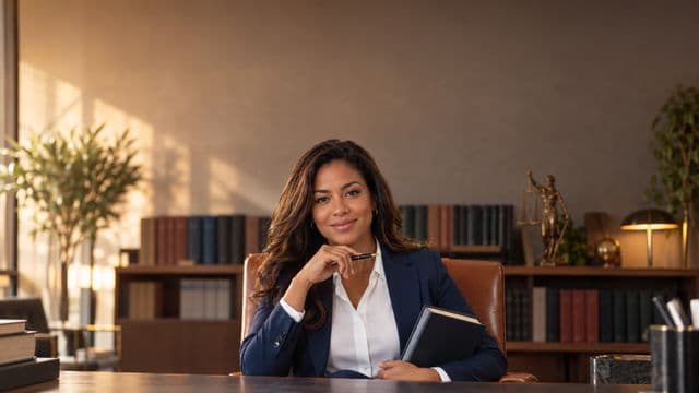 Advogada sorrindo, com terno azul-marinho e camisa branca, segurando um livro de capa lisa e uma caneta, em um escritório de advocacia elegante com estantes de livros