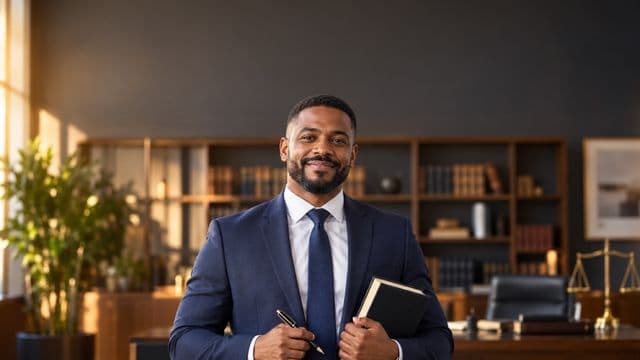 Advogado sorrindo, com terno azul-marinho e camisa branca, segurando um livro de capa lisa e uma caneta, em um escritório de advocacia elegante com estantes de livros