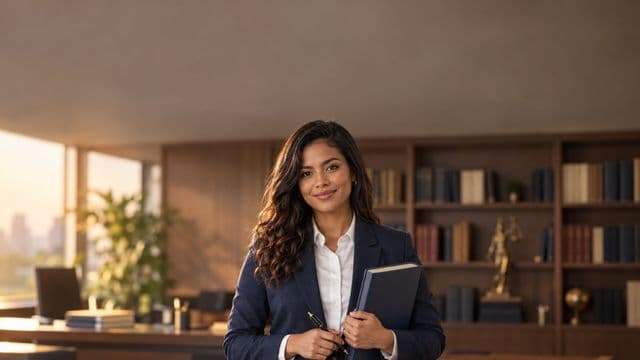 Advogada sorrindo, com terno azul-marinho e camisa branca, segurando um livro de capa lisa e uma caneta, em um escritório de advocacia elegante com estantes de livros