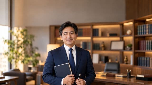 Advogado sorrindo, com terno azul-marinho e camisa branca, segurando um livro de capa lisa e uma caneta, em um escritório de advocacia elegante com estantes de livros