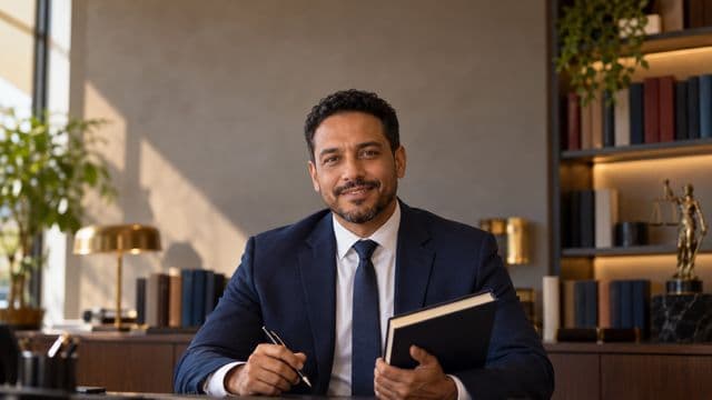Advogado sorrindo, com terno azul-marinho e camisa branca, segurando um livro de capa lisa e uma caneta, em um escritório de advocacia elegante com estantes de livros