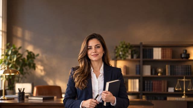 Advogada sorrindo, com terno azul-marinho e camisa branca, segurando um livro de capa lisa e uma caneta, em um escritório de advocacia elegante com estantes de livros