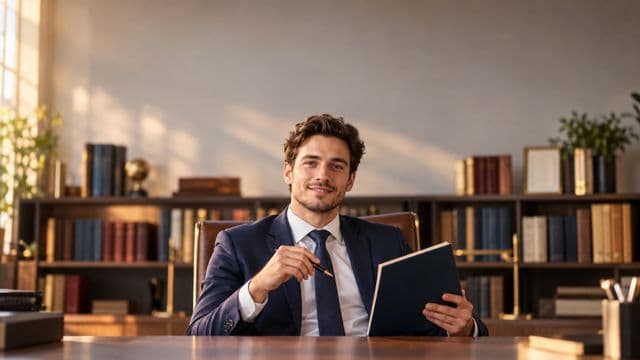 Advogado sorrindo, com terno azul-marinho e camisa branca, segurando um livro de capa lisa e uma caneta, em um escritório de advocacia elegante com estantes de livros
