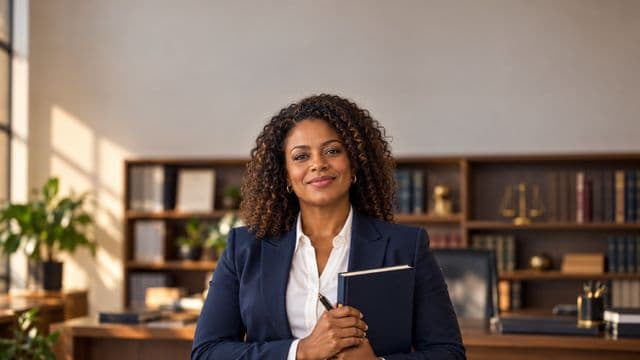 Advogada sorrindo, com terno azul-marinho e camisa branca, segurando um livro de capa lisa e uma caneta, em um escritório de advocacia elegante com estantes de livros