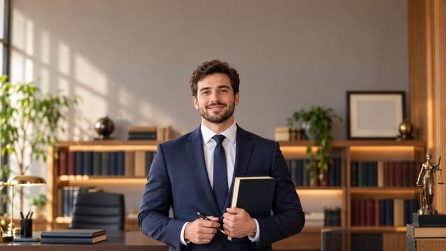 Advogado sorrindo, com terno azul-marinho e camisa branca, segurando um livro de capa lisa e uma caneta, em um escritório de advocacia elegante com estantes de livros
