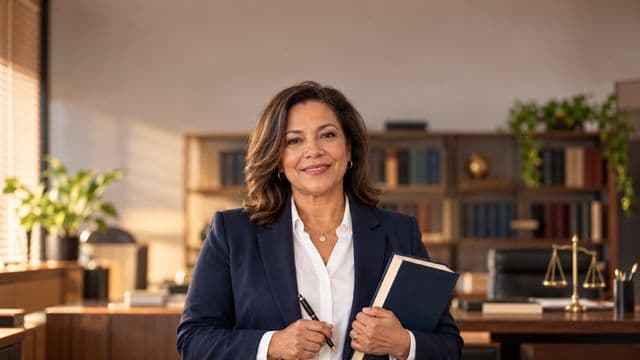 Advogada sorrindo, com terno azul-marinho e camisa branca, segurando um livro de capa lisa e uma caneta, em um escritório de advocacia elegante com estantes de livros