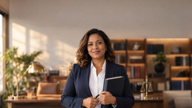 Advogada sorrindo, com terno azul-marinho e camisa branca, segurando um livro de capa lisa e uma caneta, em um escritório de advocacia elegante com estantes de livros