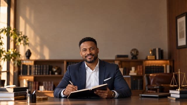 Advogado sorrindo, com terno azul-marinho e camisa branca, segurando um livro de capa lisa e uma caneta, em um escritório de advocacia elegante com estantes de livros