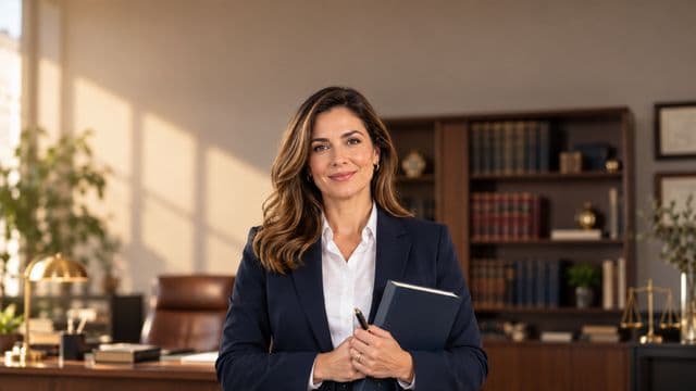 Advogada sorrindo, com terno azul-marinho e camisa branca, segurando um livro de capa lisa e uma caneta, em um escritório de advocacia elegante com estantes de livros