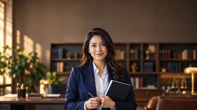 Advogada sorrindo, com terno azul-marinho e camisa branca, segurando um livro de capa lisa e uma caneta, em um escritório de advocacia elegante com estantes de livros