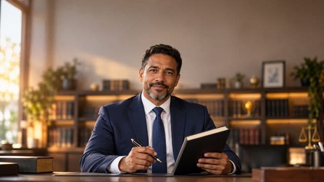 Advogado sorrindo, com terno azul-marinho e camisa branca, segurando um livro de capa lisa e uma caneta, em um escritório de advocacia elegante com estantes de livros
