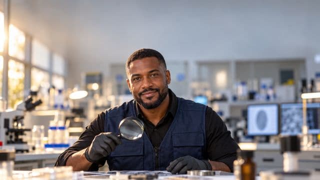 Perito criminal sorrindo, com colete azul-escuro de perícia sobre camisa preta e luvas, segurando uma lupa, em um laboratório de perícia forense
