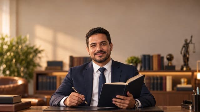 Advogado sorrindo, com terno azul-marinho e camisa branca, segurando um livro de capa lisa e uma caneta, em um escritório de advocacia elegante com estantes de livros