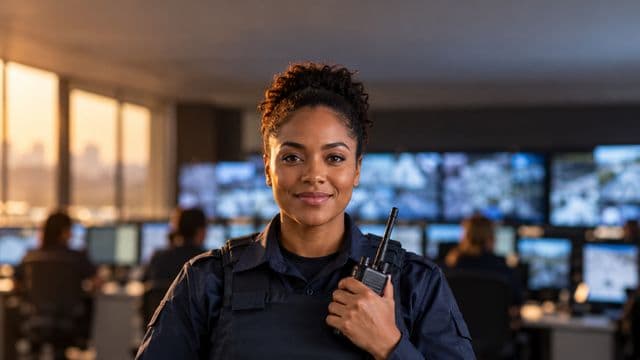 Profissional de segurança pública sorrindo, com farda azul-escura sem brasões, segurando um rádio comunicador, em uma central de monitoramento com telas