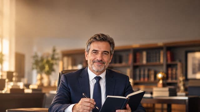 Advogado sorrindo, com terno azul-marinho e camisa branca, segurando um livro de capa lisa e uma caneta, em um escritório de advocacia elegante com estantes de livros