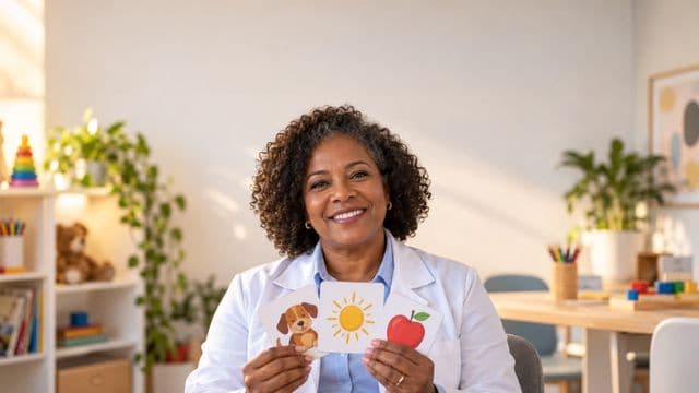 Fonoaudióloga sorrindo, com jaleco branco sobre camisa azul-clara, segurando cartões ilustrados de fala, em um consultório de fonoaudiologia claro e acolhedor