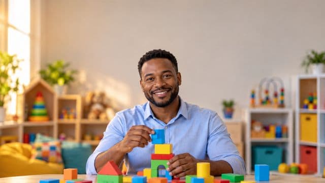Psicopedagogo sorrindo, com camisa azul-clara, segurando blocos de montar coloridos, em uma sala de atendimento infantil colorida e organizada, com brinquedos pedagógicos