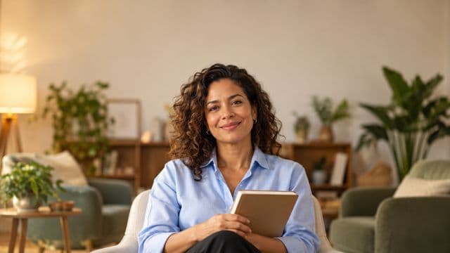 Psicóloga sorrindo, com camisa social azul, sem gravata, segurando um caderno de anotações, em um consultório de psicologia aconchegante com poltronas e plantas
