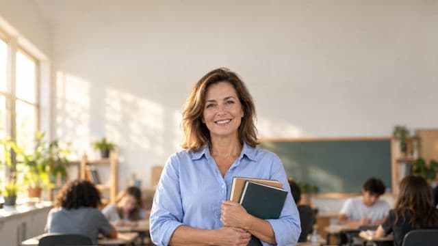 Professora sorrindo, com camisa social azul, segurando livros de capa lisa, em uma sala de aula moderna e clara com alunos desfocados