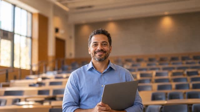 Professor universitário sorrindo, com camisa social azul, segurando um notebook, em um auditório universitário moderno