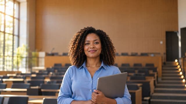 Professora universitária sorrindo, com camisa social azul, segurando um notebook, em um auditório universitário moderno