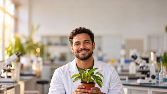 Professor de biologia sorrindo, com jaleco branco, segurando uma planta em um vaso pequeno, em um laboratório de biologia com microscópios
