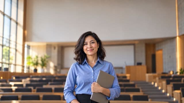 Professora universitária sorrindo, com camisa social azul, segurando um notebook, em um auditório universitário moderno