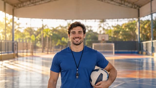 Profissional de educação física sorrindo, com camiseta esportiva azul e apito no pescoço, segurando uma bola, em uma quadra poliesportiva coberta e bem iluminada