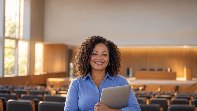 Professora universitária sorrindo, com camisa social azul, segurando um notebook, em um auditório universitário moderno