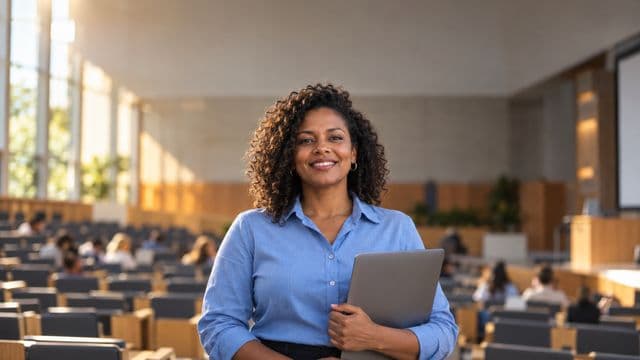 Professora universitária sorrindo, com camisa social azul, segurando um notebook, em um auditório universitário moderno