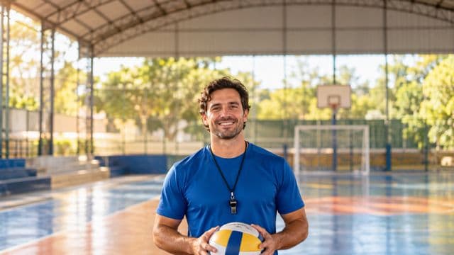 Profissional de educação física sorrindo, com camiseta esportiva azul e apito no pescoço, segurando uma bola, em uma quadra poliesportiva coberta e bem iluminada