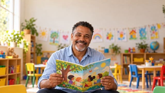 Professor de educação infantil sorrindo, com camisa casual azul-clara, segurando um livro infantil colorido sem título, em uma sala de aula infantil alegre, com mesinhas e desenhos nas paredes
