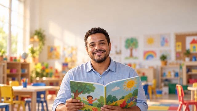 Professor de educação infantil sorrindo, com camisa casual azul-clara, segurando um livro infantil colorido sem título, em uma sala de aula infantil alegre, com mesinhas e desenhos nas paredes