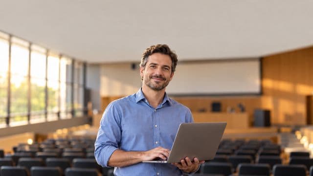 Professor universitário sorrindo, com camisa social azul, segurando um notebook, em um auditório universitário moderno