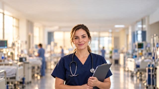 Enfermeira sorrindo, com uniforme hospitalar azul-marinho e estetoscópio no pescoço, segurando uma prancheta, em o corredor de um hospital moderno e bem iluminado, com leitos e equipamentos
