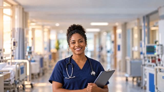 Enfermeira sorrindo, com uniforme hospitalar azul-marinho e estetoscópio no pescoço, segurando uma prancheta, em o corredor de um hospital moderno e bem iluminado, com leitos e equipamentos