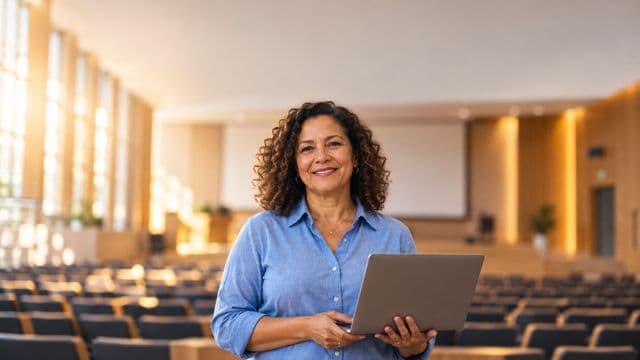 Professora universitária sorrindo, com camisa social azul, segurando um notebook, em um auditório universitário moderno