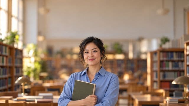 Professora de ciências humanas sorrindo, com camisa social azul, segurando um livro de capa lisa, em uma biblioteca universitária com estantes